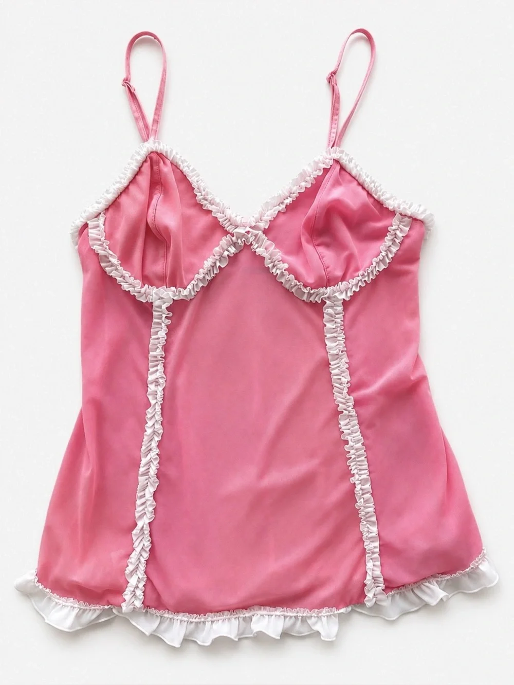 La Vie en Rose Pink Sheer Mesh Ruffle Trim Babydoll Camisole Top Medium - Picture 3 of 5